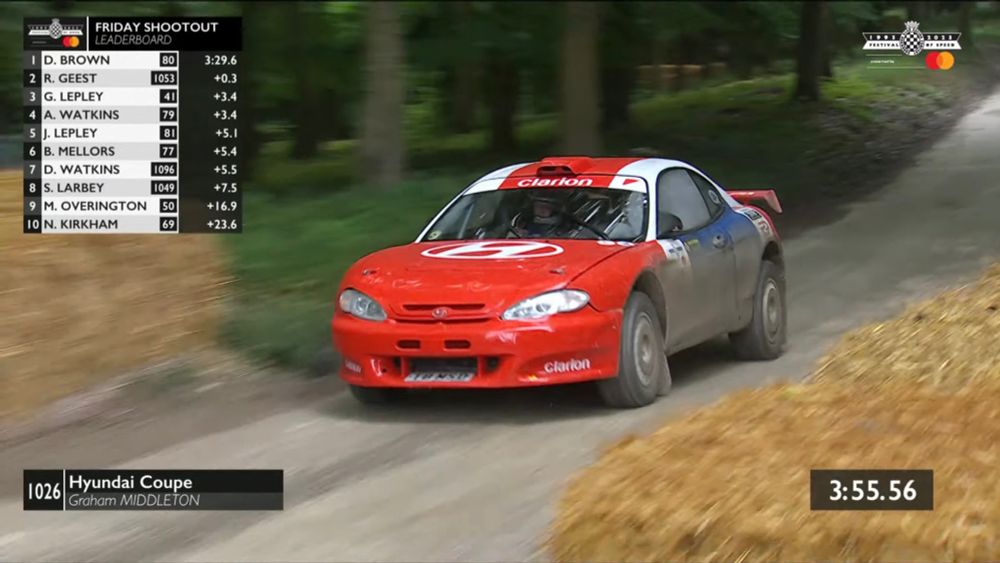 Hyundai Coupe Rally Car, seen here sliding through the mud at the 2023 Goodwood Festival of Speed.