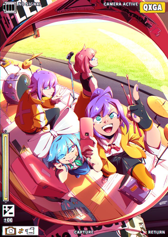 Drawing of Beat, Quaver, Treble and Clef from the hit indie game UNBEATABLE (which you can wishlist right now) taking a selfie in a convex mirror on a train platform. 