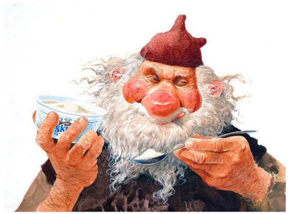 A picture of a Yule Lad with white beard and hair and a red hat, eating skyr