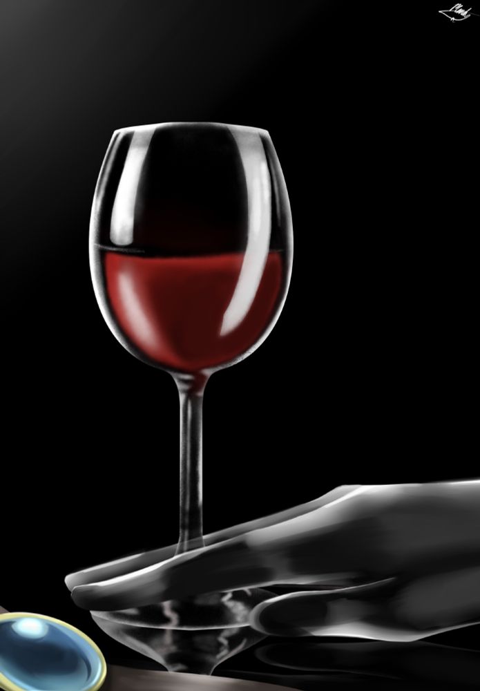 Chuuya's hand, wine, and Dazai's pendant. 