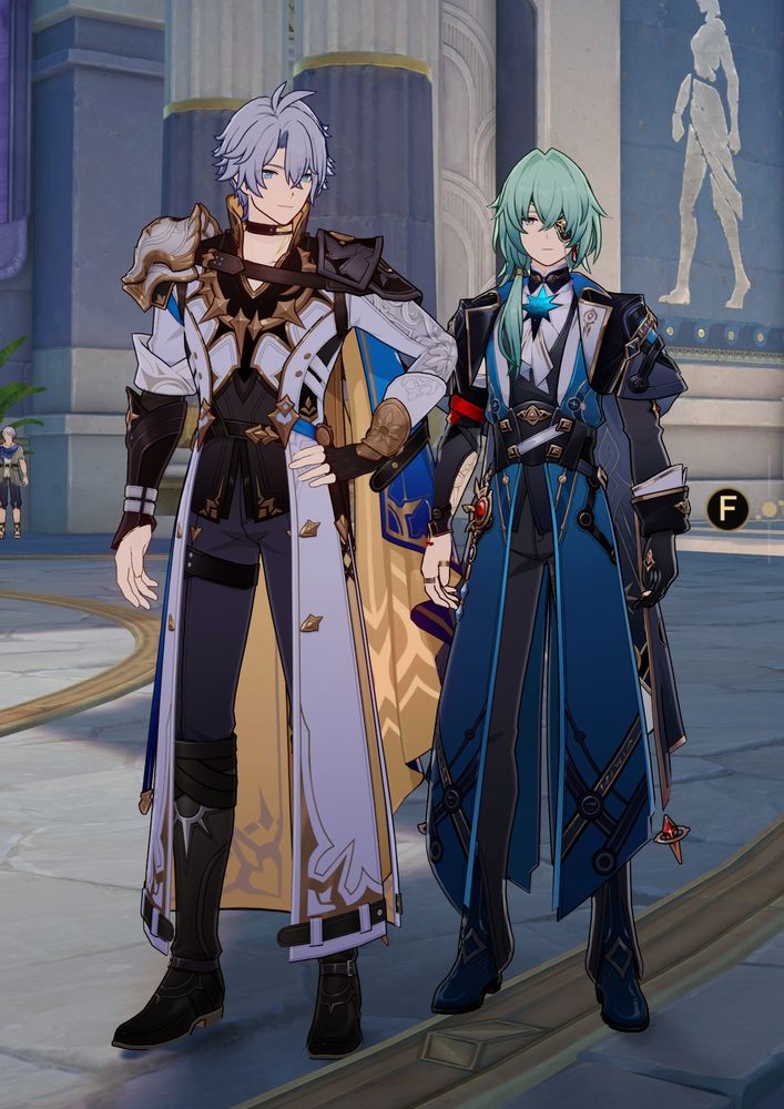 Screenshot from Honkai Star Rail in Amphoreus: Anaxa is standing right next to Phainon, who is a head taller.