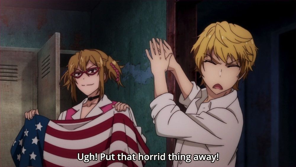Cena de anime (não sei qual). Uma moça segura uma bandeira do Estados Unidos e um rapaz fica    enojado, virando a cabeça pro lado e levantando os braços, e grita:
"Ugh! Put that horrid thing away!". 
