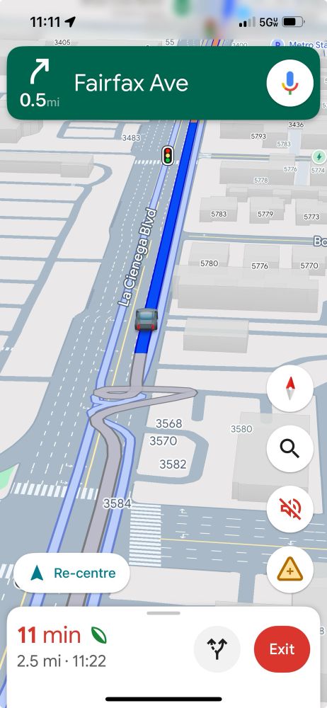 Google map screen shot, showing car that has apparently followed the crazy lane crossing squiggle.  