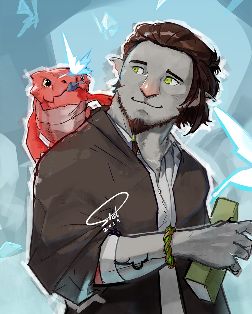 Gray-furred firbolg with dark brown hair and hazel eyes stands with his drake companion perching on his shoulder, tongue extended towards a fluttering butterfly