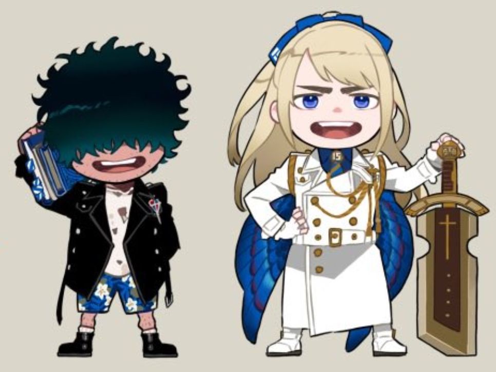 Official chibi art recently shared by Kazue Katou of Blue Exorcist characters Lewin and Arthur. They wear what are largely their normal clothes but with royal blue accents/accessories.