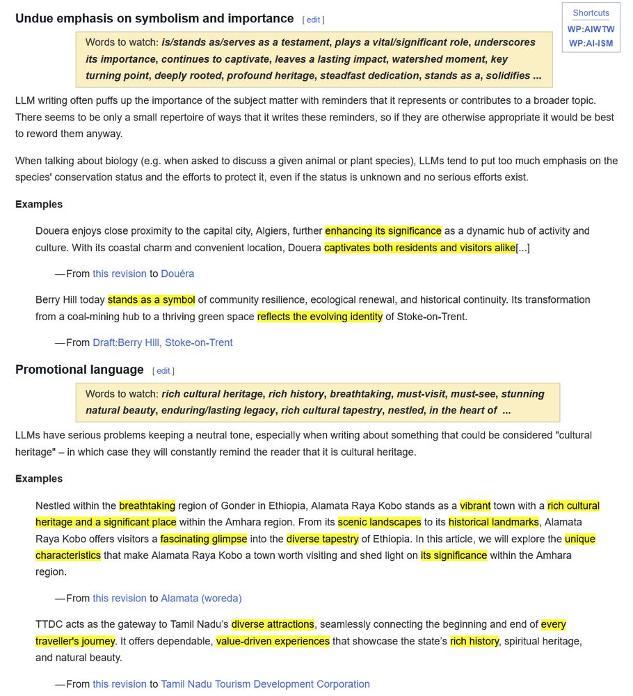 A Wikipedia-style guideline page on avoiding exaggerated wording by LLMs, with two sections titled Undue emphasis on symbolism and importance and Promotional language. Each section lists “words to watch” in a beige box, such as 