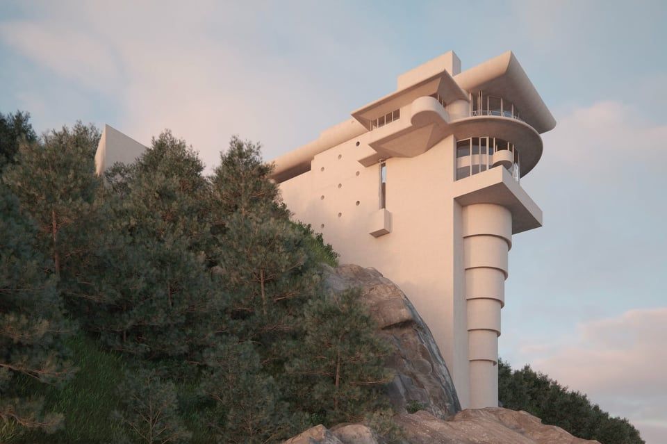 A striking modernist building with a mix of curved and angular architectural elements stands atop a rocky cliff, rising dramatically above a dense forest of pine trees. It has a pale exterior which catches the golden light of the setting sun. There are expansive windows and cantilevered balconies -- it's a futuristic look, like something from a Star Wars movie