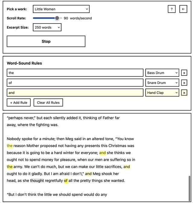 A screenshot of an interactive web tool that pairs words with percussion sounds in real-time as text scrolls by. At the top, dropdown menus and sliders allow the user to select a literary work (&quot;Little Women&quot;), adjust scroll speed, and set excerpt size. Below, a section titled “Word-Sound Rules” shows that the words “the,” “of,” and “and” are linked to a bass drum, snare drum, and hand clap respectively. In the lower portion, a passage from Little Women is displayed, with the trigger words highlighted in yellow, visually cueing when a corresponding sound would play during the automated reading
