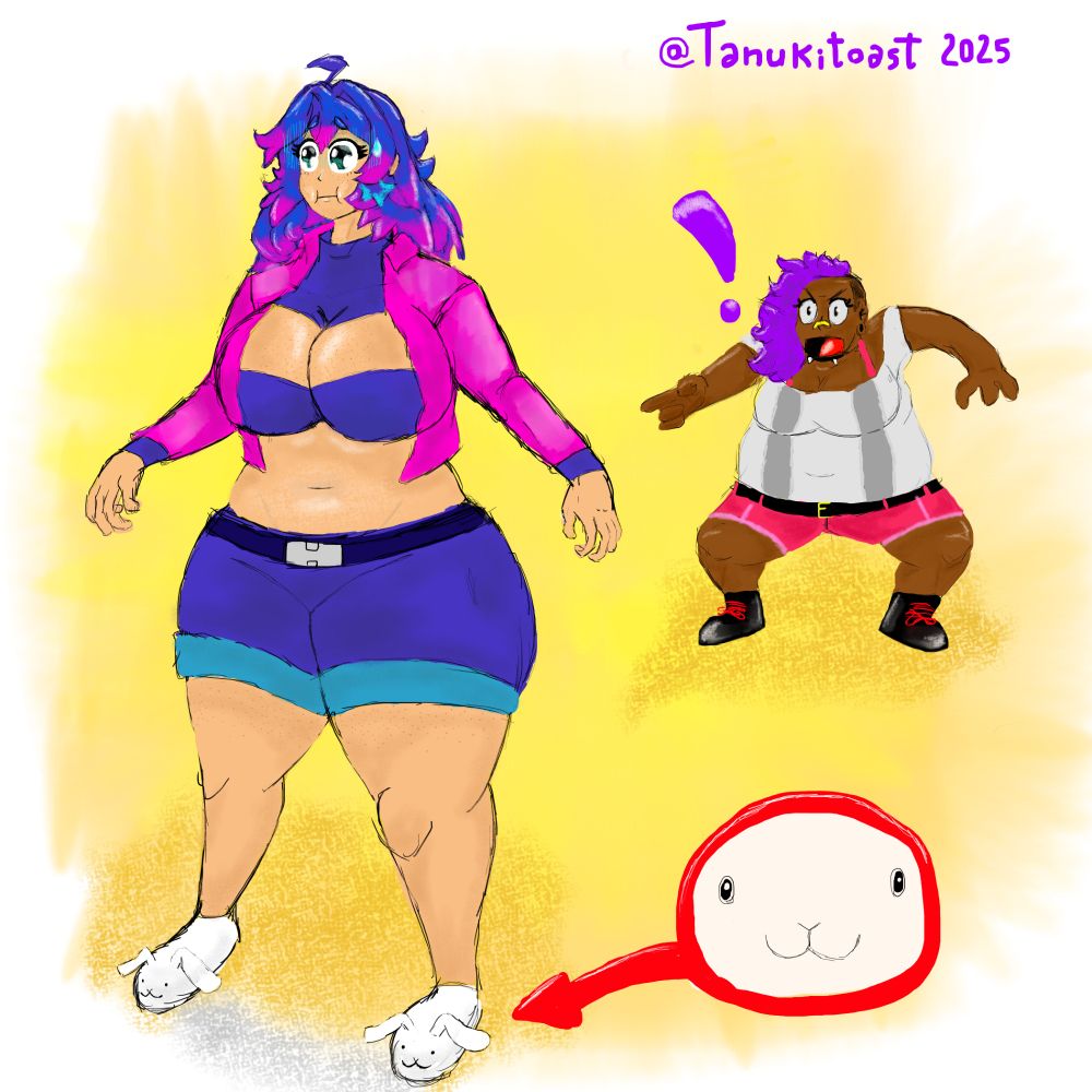 Digital illustration of Topaz (on the left) who's got some new shoes with bnuuy faces, Jade (on the right) took a nanosecond to spot them out, making Topaz nervous in the process.