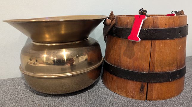 Miniature Old Brass Spittoon and Old Oaken Bucket trophies.
