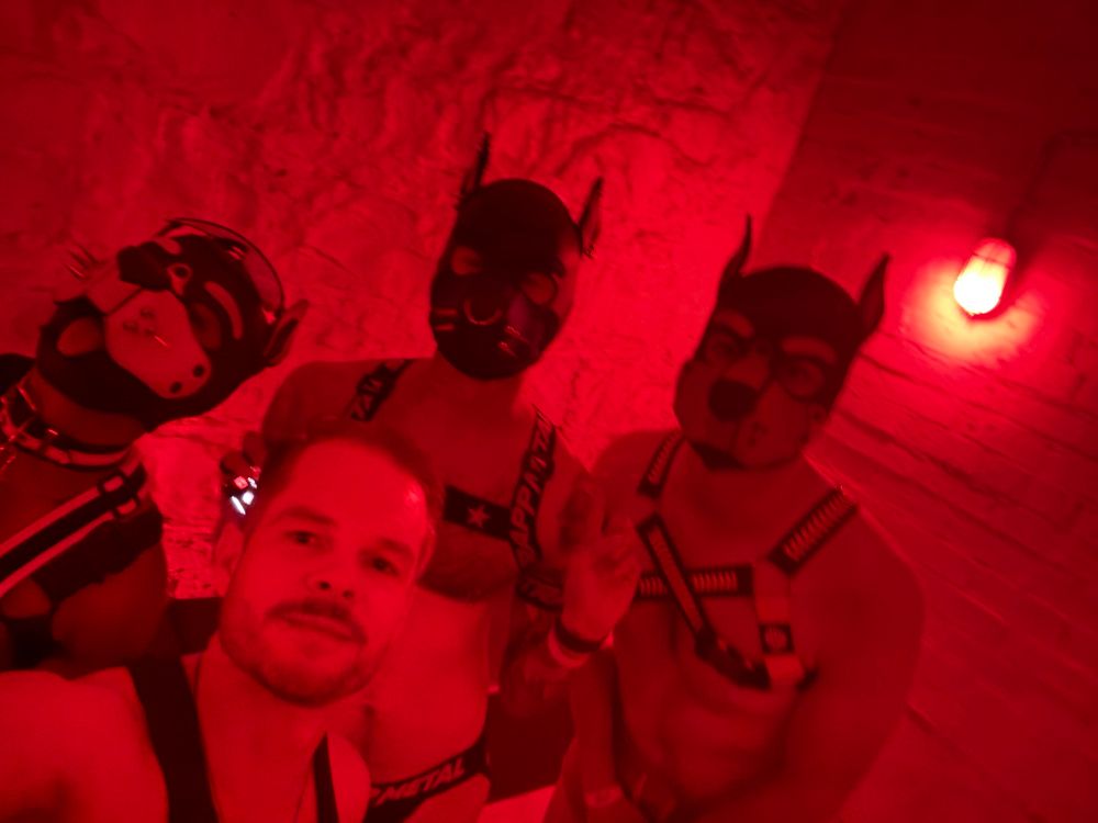 Three men with pup hoods, and me (no pup hood) in a dark, red-lit nightclub at the start of a party.