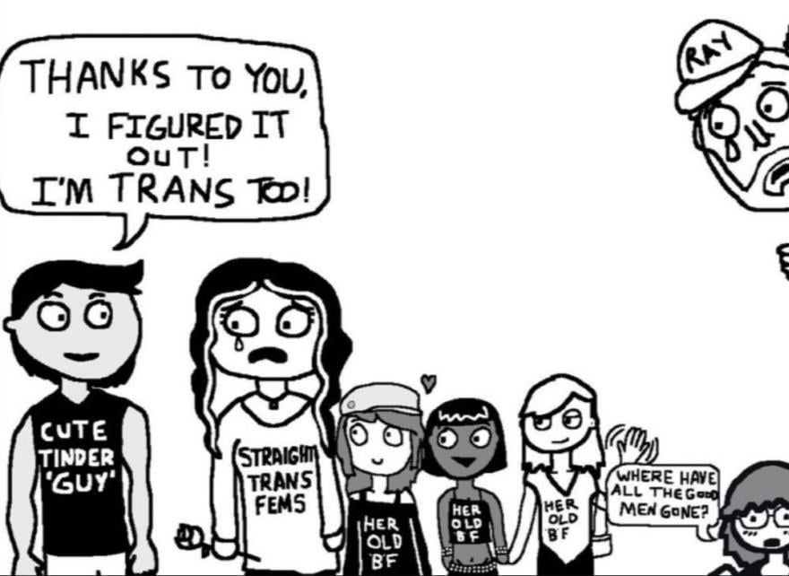 cartoon of straight trans fem distraught that the cute tinder "guy" is telling her "thanks to you, I figured it out! I'm trans too". Ray also looks on while shedding a single tear. Author caption: "where have all the good men gone". In the background three girls all labeled "her old bf"