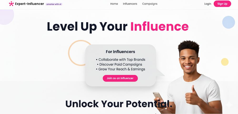 Motivational message encouraging aspiring influencers to grow without needing millions of followers. Highlights how Expert-Influencer connects creators with brands for real opportunities, partnerships, and earnings, emphasizing starting now and valuing individual influence.