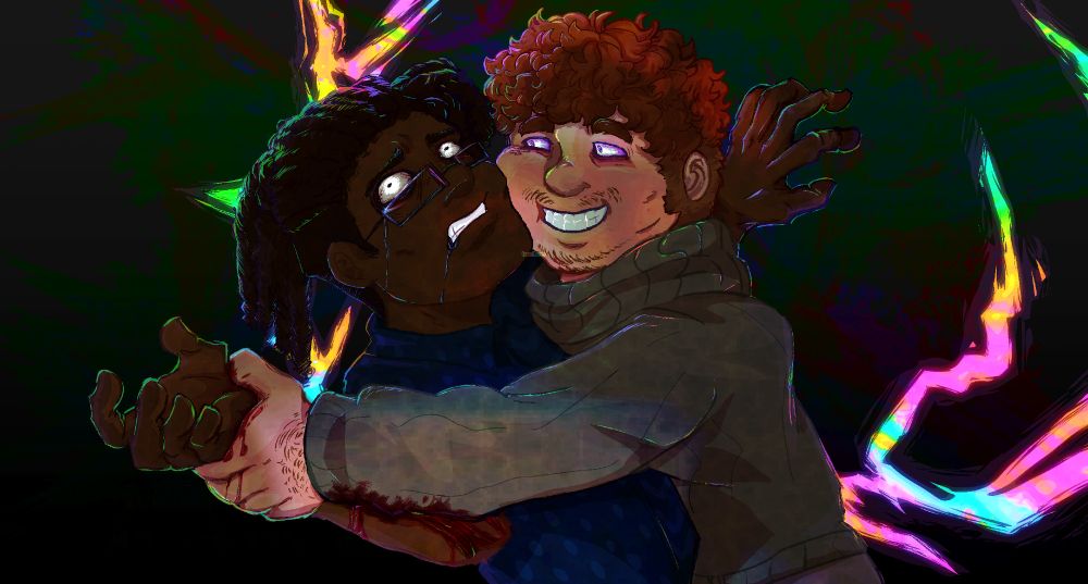 Digital art of Harley and Lancaster from Find Us Alive. Harley is depicted as a black man in a blue shirt and glasses, with dreadlocks pulled into a ponytail. Lancaster is depicted as a fat white man in a green sweater with curly red hair and patchy facial hair. Lancaster is grinning with glowing eyes as he grabs Harley by his bleeding arm, while Harley is crying at the camera. Their faces are pressed together, and Harley's free hand is outstretched in pain. The background is a dark and colorful texture, with 6320 cutting through and glowing in multiple bright colors, serving as the piece's lighting.