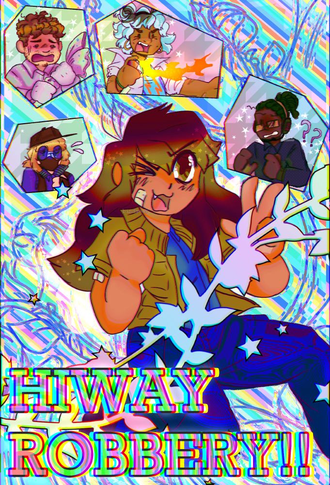 An older version of the same drawing. Hiway Robbery is less prominent, the lineart is thinner, and the background is largely pastel patterns.