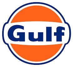 Logo for Gulf Oil, an orange ball with a white banner around the middle bearing the defunct company’s name in dark blue