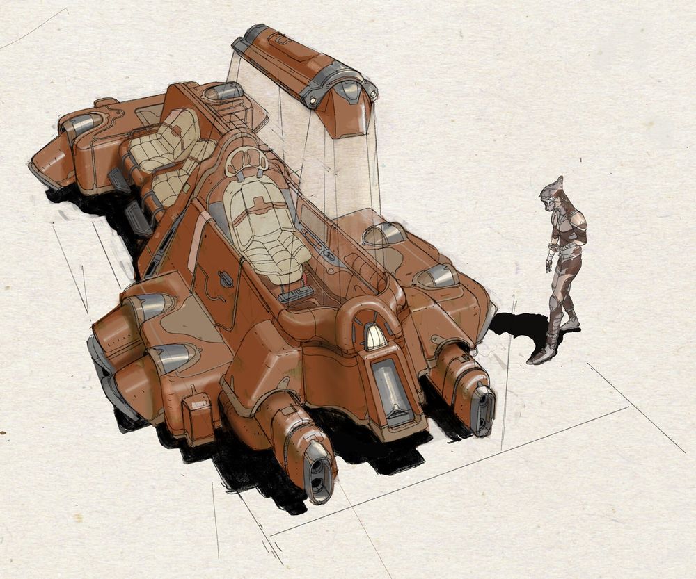 Image of a strange person stranding next to hovercraft transport
