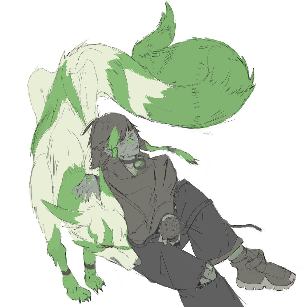 girl sitting with a multicolored tan and green wolf