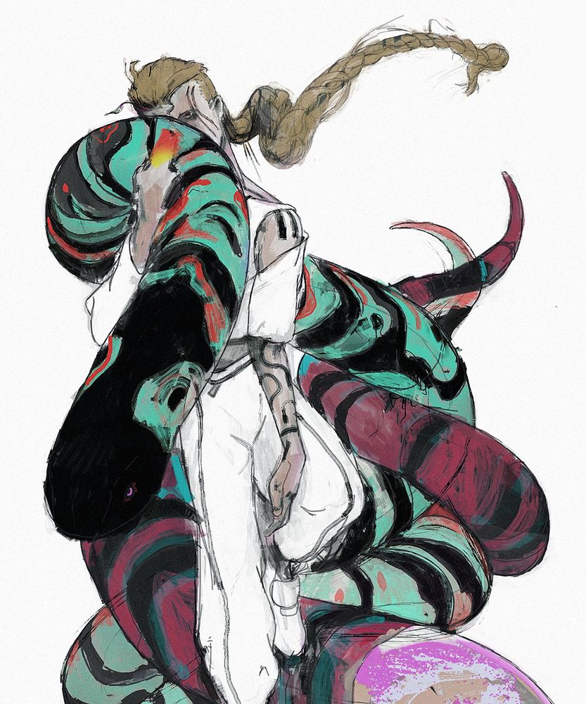 Stylized illustration of a person in white clothing entangled with a large, surreal snake. The snake has bold black, teal, red, and magenta stripes. The person's long braid arcs upward, and their body language feels heavy.