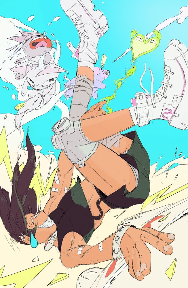 Stylized action scene of a person flipping midair with white boots and bandages, surrounded by energetic, cartoon-like animal spirits and bright colors.