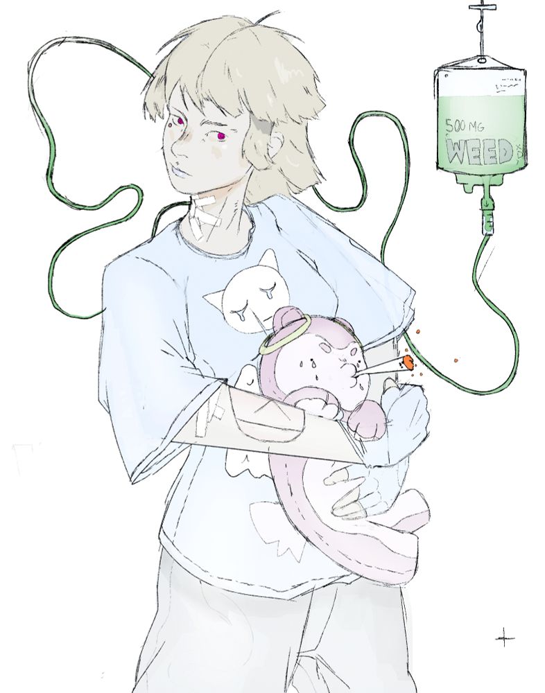 person holding a plushie smoking a joint with a weed iv bag