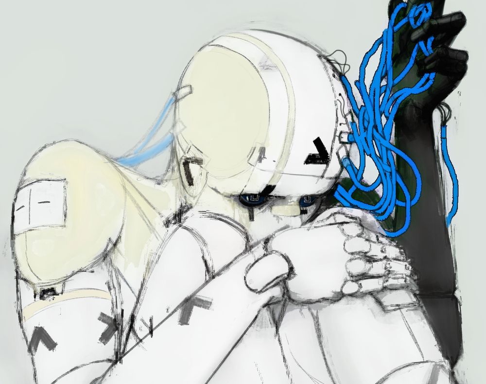 A humanoid robot sits curled up, head resting on folded arms. Blue cables trail from its head to a raised, black-painted hand. 