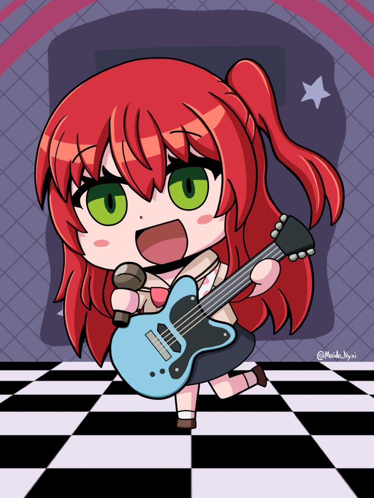 Fanart of Kita Ikuyo from the anime "Bocchi the Rock!" drawn in the Fate/Grand Order April's Fools art style. She's expressed here with a microphone as she sings while playing the guitar!