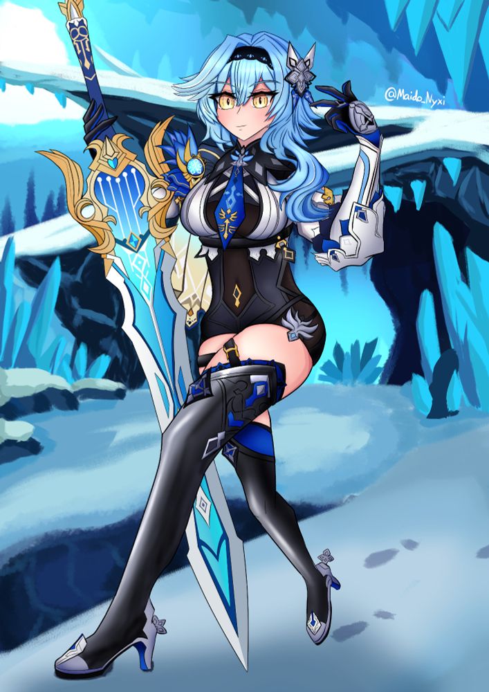 Fan illustration of Eula from Genshin Impact. This is a full-body artwork of her walking amidst the freezing caverns of Dragonspine's mountains, while holding her sword "Song of Broken Pines" in her right hand.
