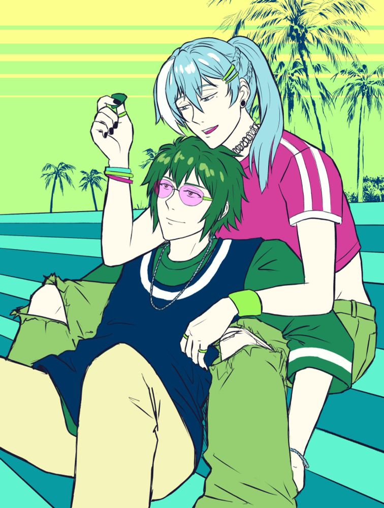 a brightly colored drawing of yamato and yuki from idolish7 sitting together on a long set of stairs in late 90s skater clothing. yamato is leaning against yuki and yuki is holding a guitar pick and singing. they look kind of gay to be honest.