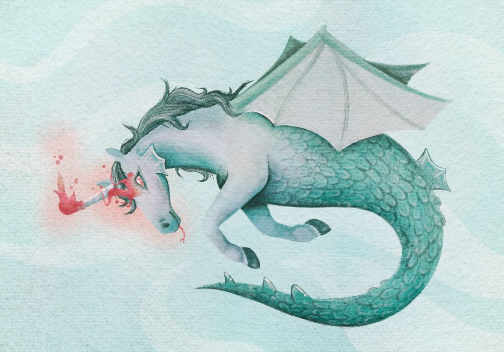 A teal chimera between unicorn, dragon and mermaid on teal background, there's fire coming from its eyes and horn. 