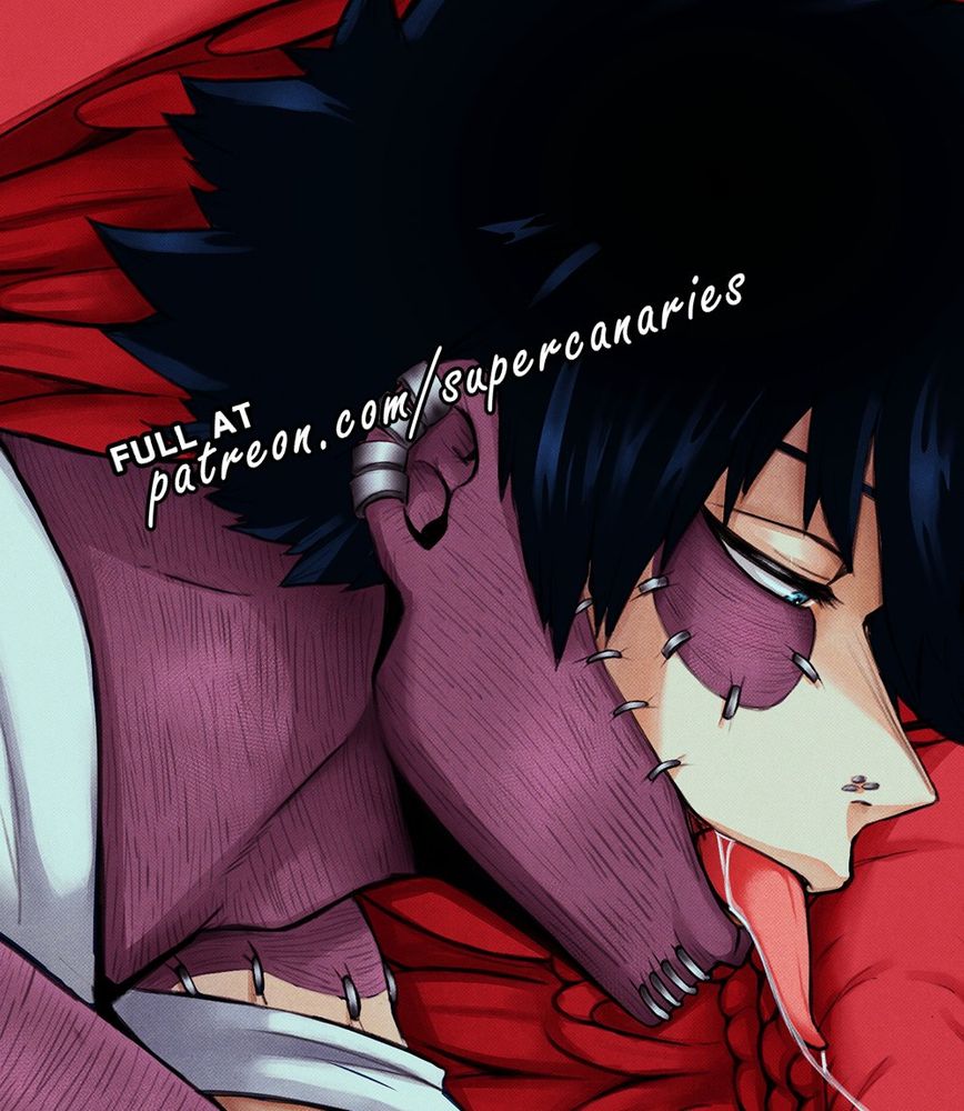 a drawing of dabi from my hero academia with his tongue out and drool hanging from it, behind is hawks' wing