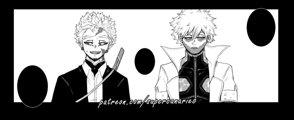 a drawing of a manga panel of dabi and hawks as president hawks and pro hero dabi