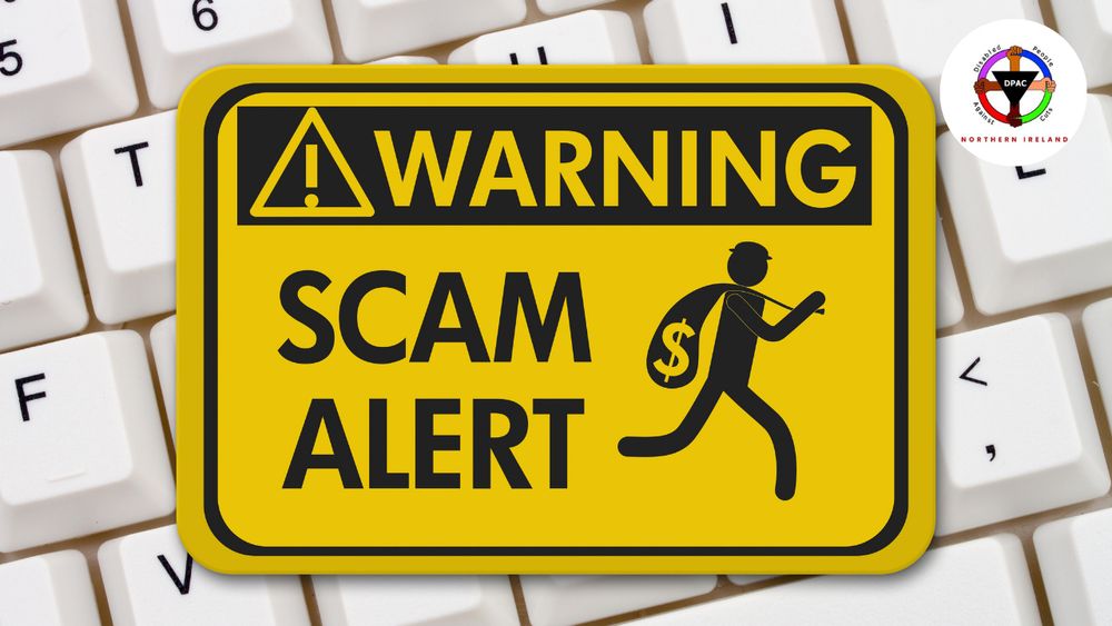 Yellow sign with "Warning Scam Alert" and an icon of a person carrying a money bag, placed on a white keyboard background. A logo appears in the top right corner.