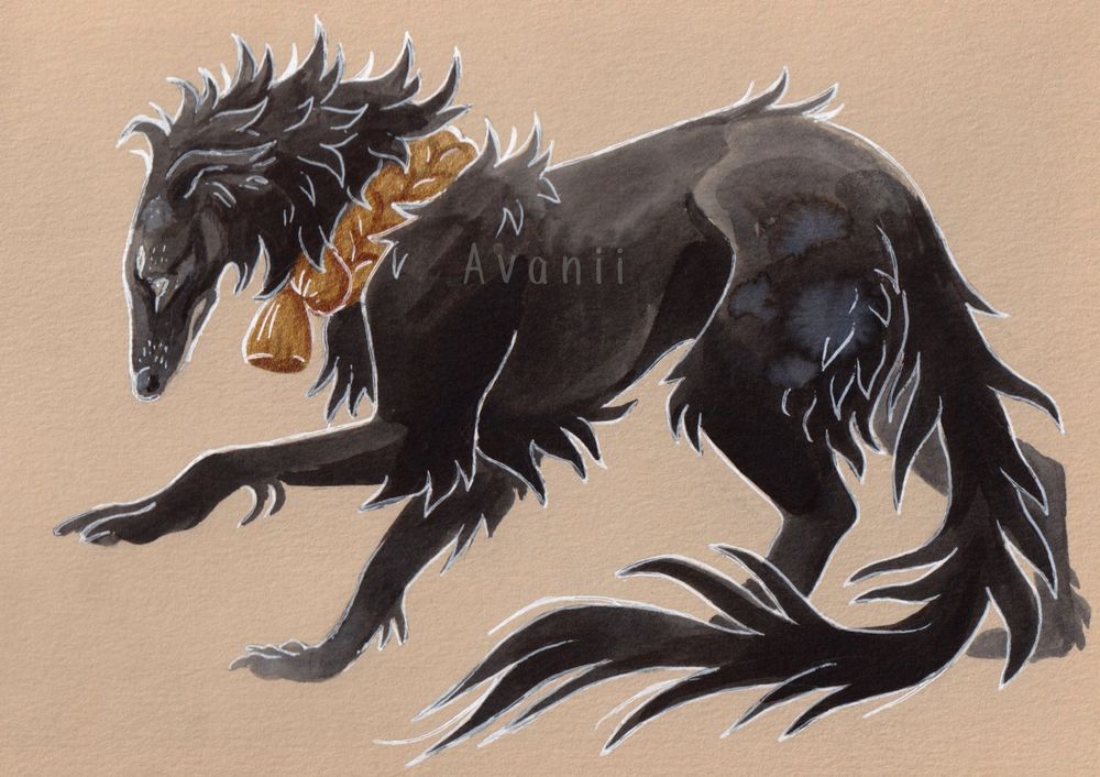 A drawing of a blueish-black stylized borzoi dog wearing a golden collar. 