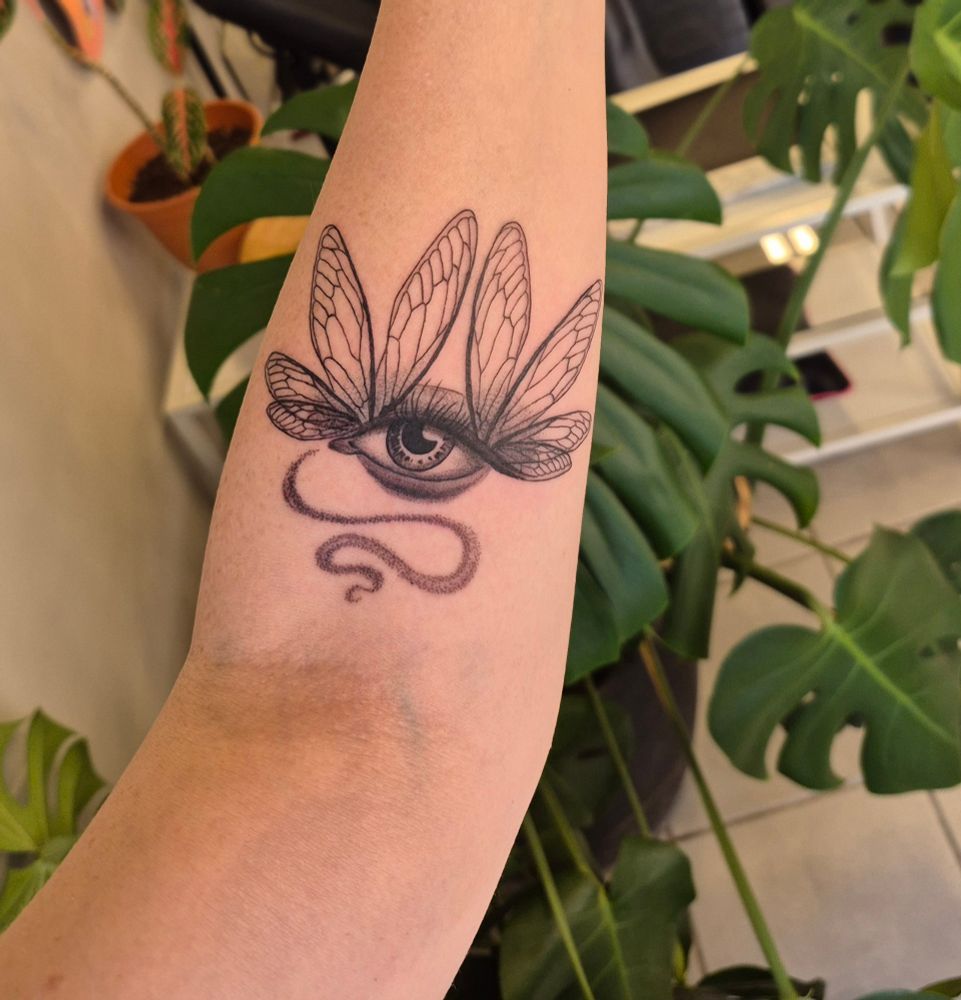 A forearm tattoo of an eye that has cicada wings among its eyelashes, there is also a swirl of magic dust coming out of the tear duct area and going under the eye