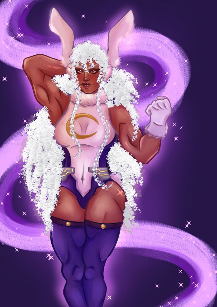 A digital drawing of Mirko from the anime My Hero Academia. She is a very muscular black woman with long white coily hair. She has white rabbit ears and is wearing a white and purple bodysuit with matching purple thigh highs. The background is purple with swirls and stars.