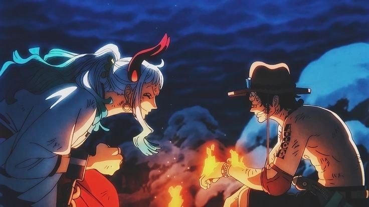 A screenshot of Yamato and Ace from One Piece. The scene is the same as the edited cosplay photo.