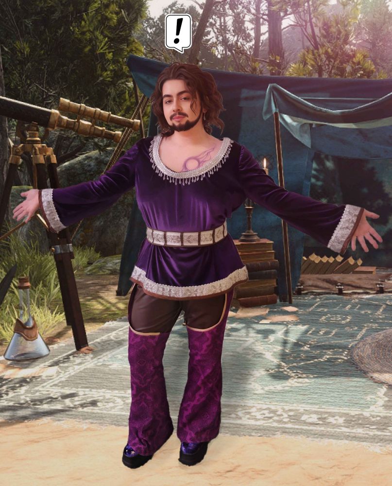 An edited photo of Dan cosplaying Gale from Baldurs Gate 3. He is in Gales camp area with an exclamation mark above his head.