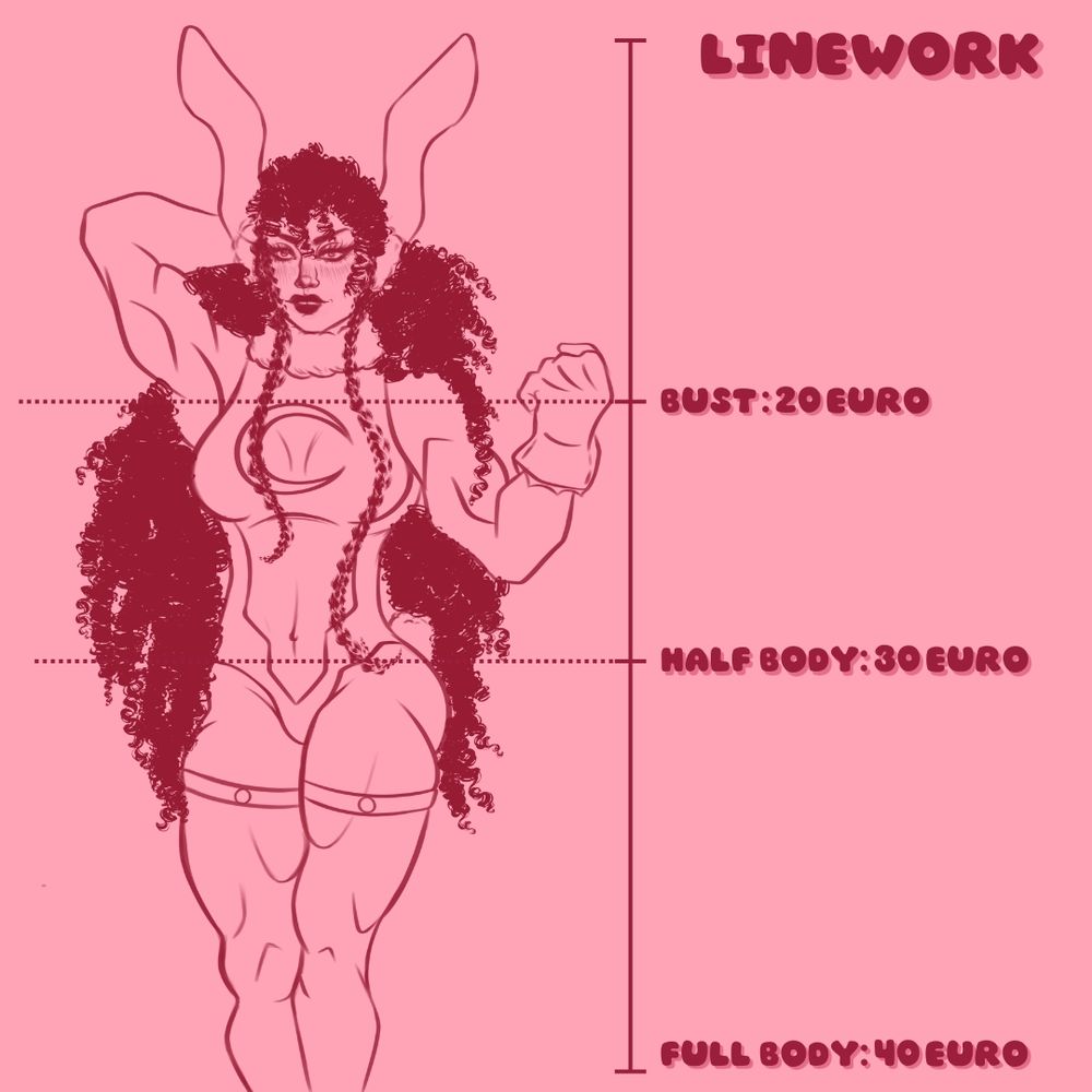 An example of linework of a character is shown. The prices are bust - 20 euro, half body - 30 euro and full body - 40 euro.