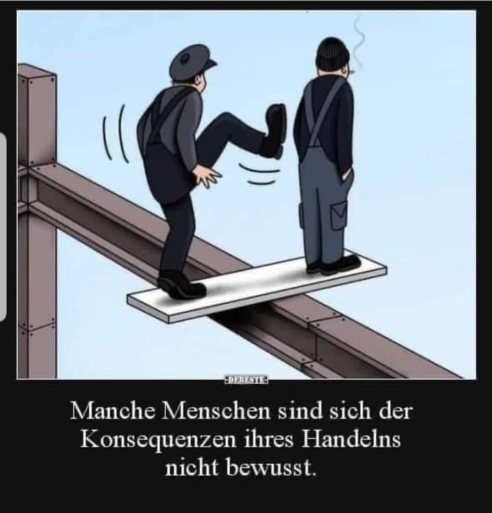 Zwei Bauarbeiter stehen auf verschiedenen Seiten einer Planke, der eine will den anderen runter treten, nur übersieht er dabei dass er dann ebenfalls runterfällt.