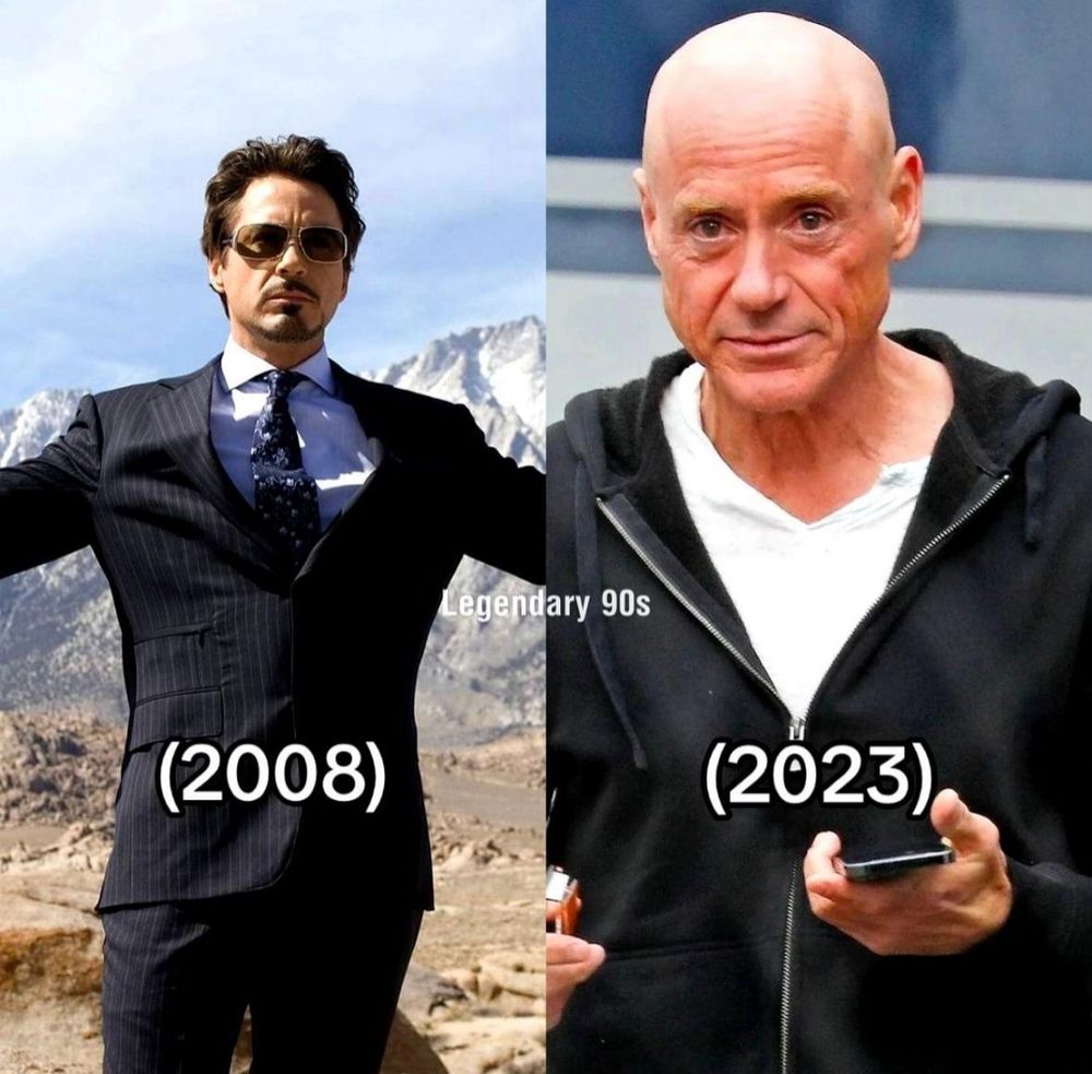 Erster Teil vom Bild: Robert Downey jr. als Tony Stark 2008, gesund,munter mit vollem Haar.
Zweiter Teil vom Bild: Robert Downey jr. Mit Glatze, er lächelt aber wirkt müde und krank.