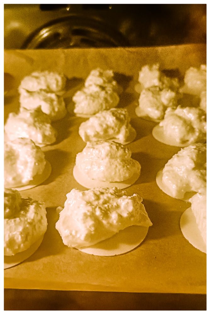 Blick in den Backofen, aufgereiht liegen Kokosmakronen auf Oblaten. 