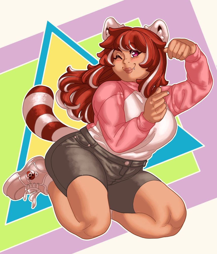 red panda girl jumping and winking 
