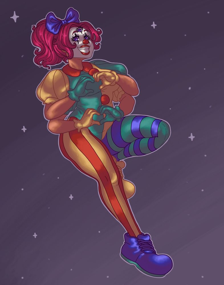 clown girl with four arms and three eyes smiling and doing a double hand heart