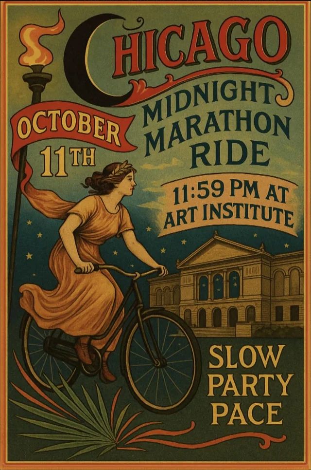 A vintage-style poster advertising the "Chicago Midnight Marathon Ride." The poster has a muted color palette of teal, red, and gold.

The central image is of a woman in a classical, flowing orange gown with a laurel wreath in her hair, riding an old-fashioned bicycle. She is holding a tall staff topped with a lit torch.

In the background, there is an illustration of the Art Institute of Chicago under a starry night sky.

The text on the poster reads:

"CHICAGO" in large, stylized red font at the top.

"MIDNIGHT MARATHON RIDE" in teal letters below.

A red banner on the left reads "OCTOBER 11TH".

"11:59 PM AT ART INSTITUTE" is written in yellow-gold text.

At the bottom right, it says "SLOW PARTY PACE".

The entire poster is enclosed in a dark green and orange border.