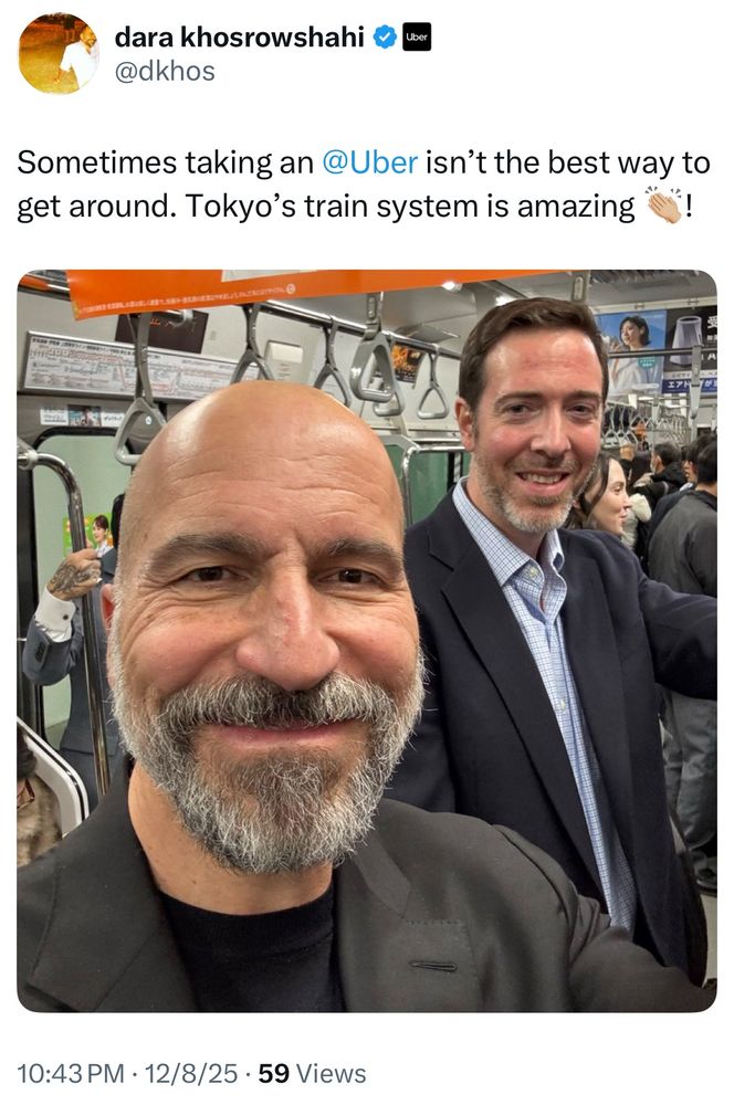 dara khosrowshahi @dkhos
Sometimes taking an @Uber isn't the best way to get around. Tokyo's train system is amazing
10:43 PM • 12/8/25 • 59 Views