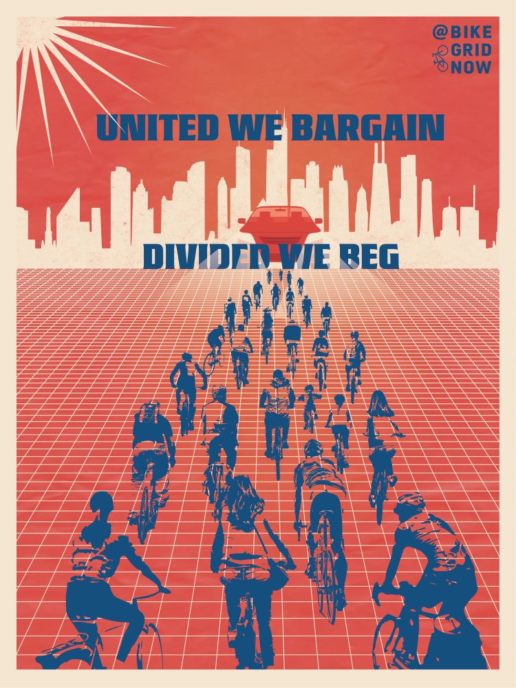 An illustrated bike grid poster of cyclists riding into Chicago that says “United we bargain divided we beg” 