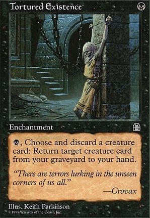 Image is a magic the gathering card called tortured existence it depicts a man tied to a pillar in a dungeon 