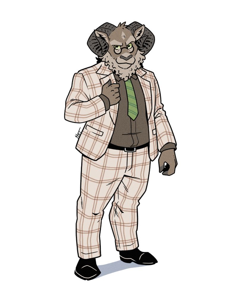 Illustration of ananthropomorphic ram with professor aesthetics. He is wearing an off-white plaid suit, with black shoes and a green necktie. He has big ram horns, tiny glasses with round frame and a full and curly beard.