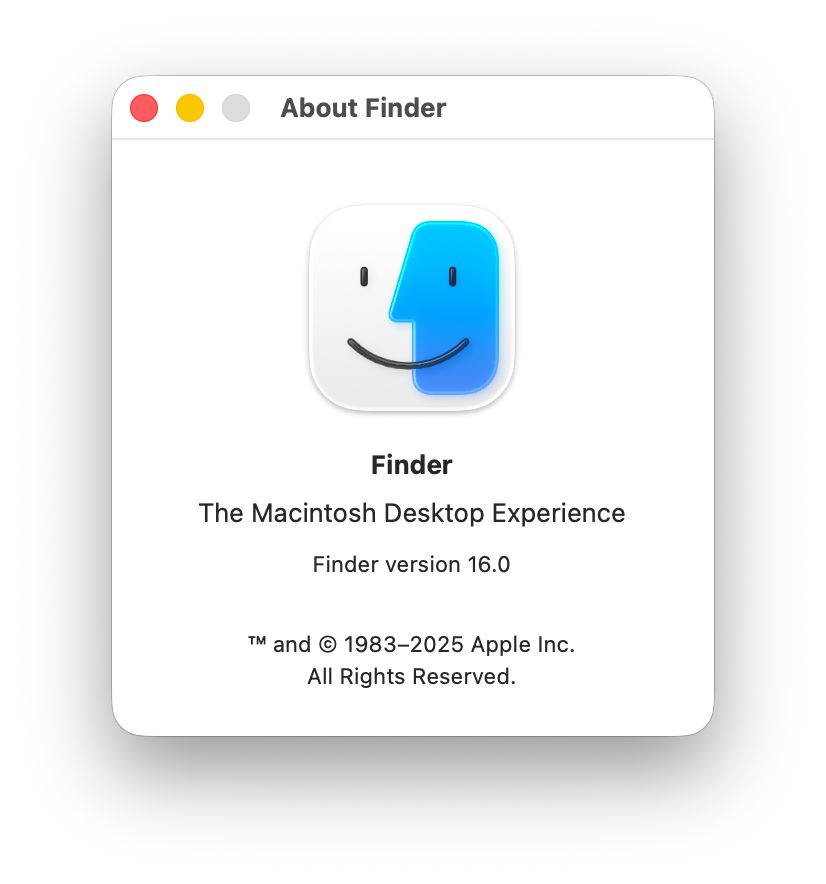 The “About the Finder” window from Tahoe beta 1 showing left-aligned text in the title bar.